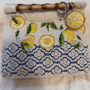 Beaded Lemon Print Handbag with Bamboo Handle